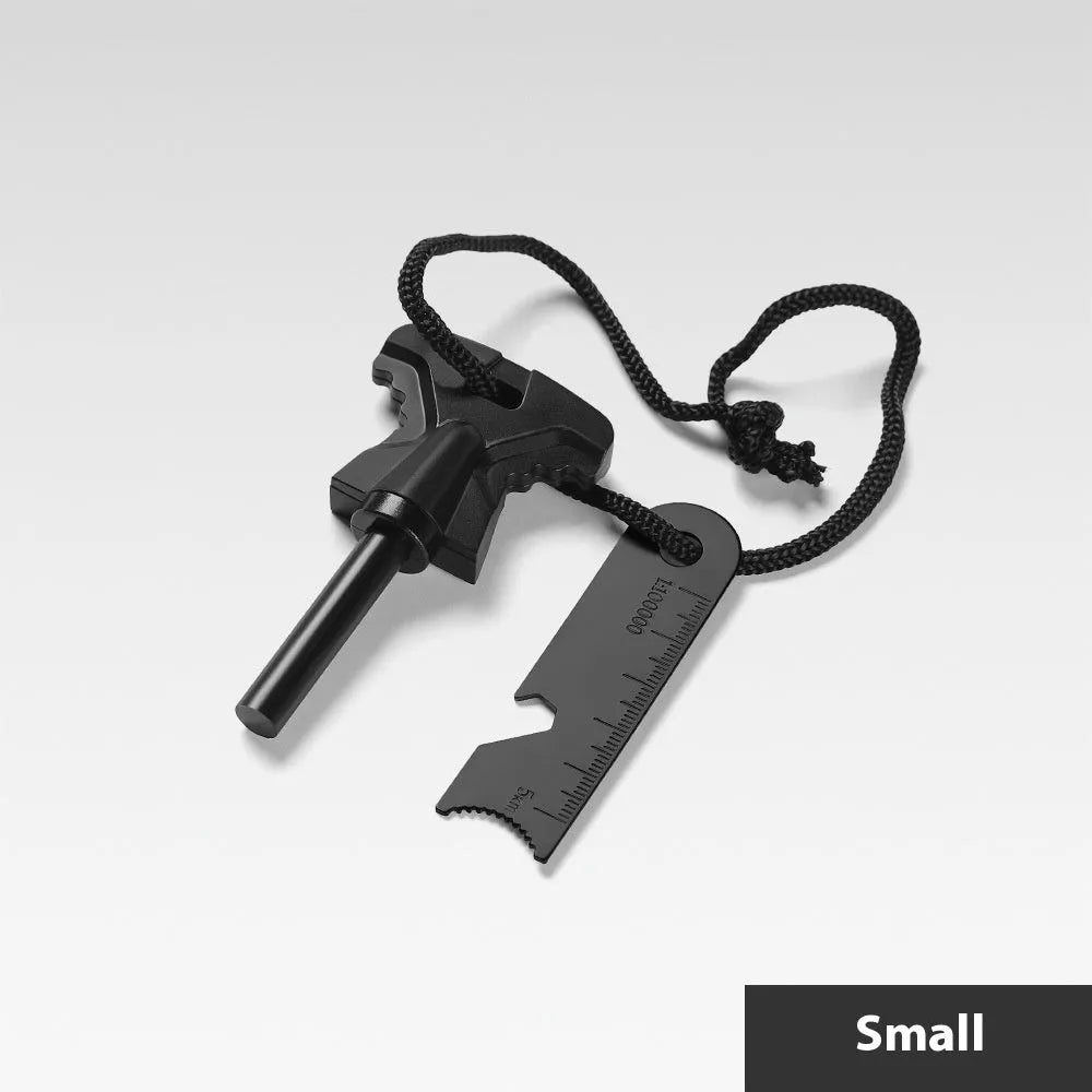Butterfly-shaped stainless steel fire starter tool with ferrocerium rod and integrated bottle opener.