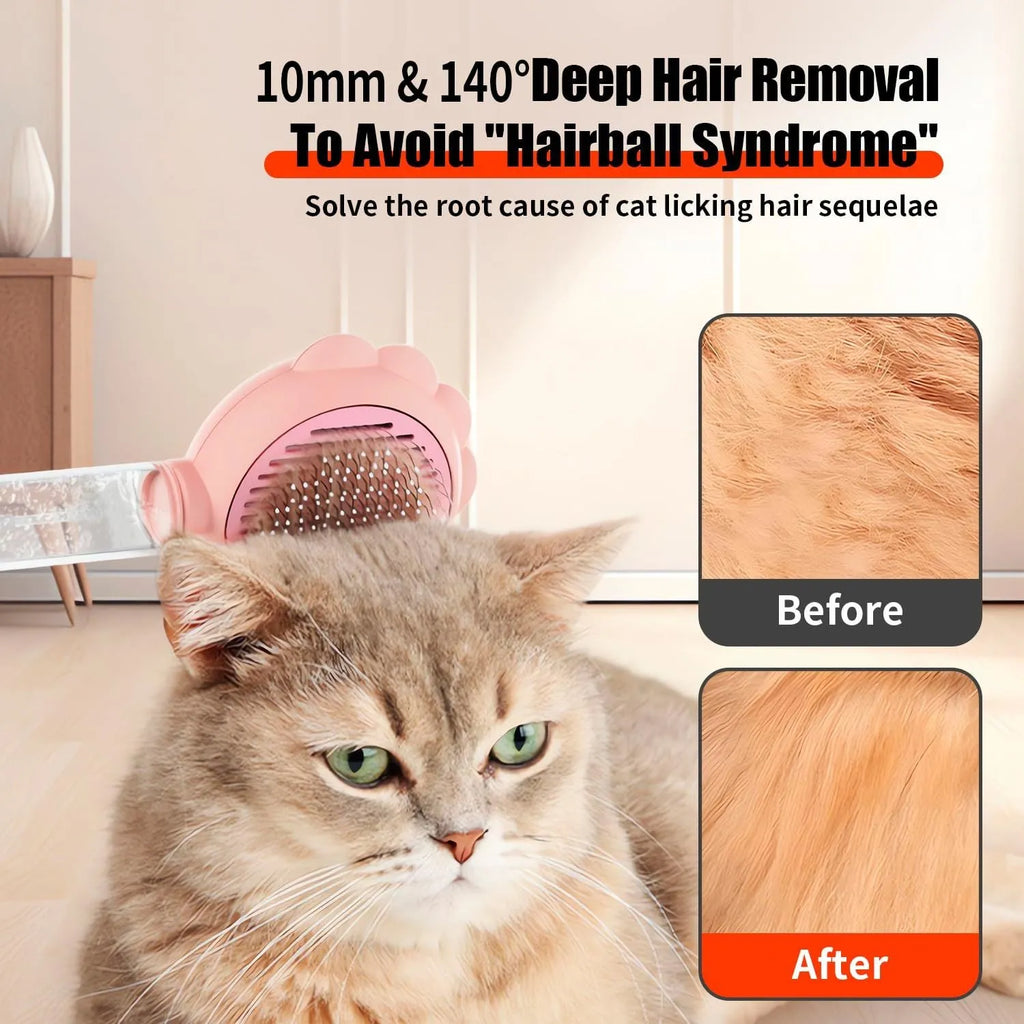 Grey spray grooming brush for cats with a self-cleaning button and curved stainless steel bristles.