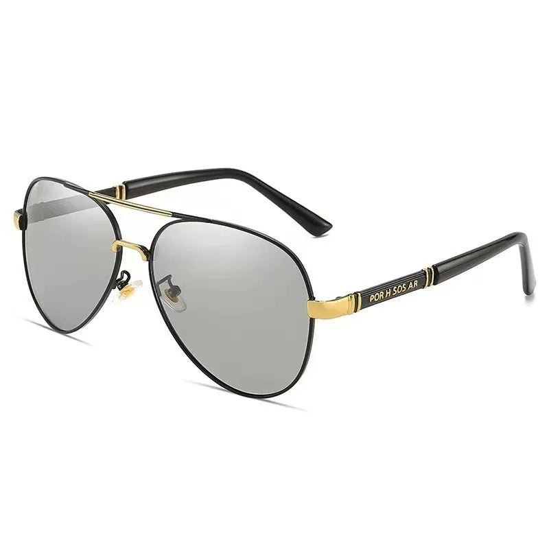 Men's metal sunglasses with polarised lenses and dragon phoenix decoration on the frame.