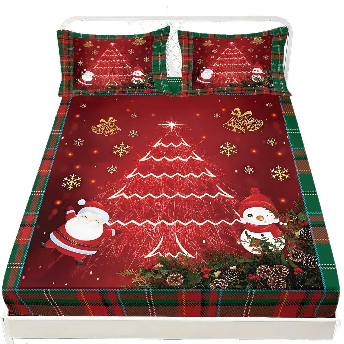 Christmas tree 3D printed fitted sheet set with two pillowcases, chemical fibre, sizes 180x200 and 200x220