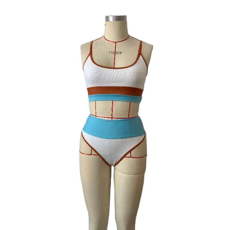 Women's solid colour quick-drying swimwear bikini set with top and shorts