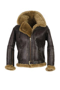 Brown retro-style synthetic leather fur coat for men with side pockets on a model.