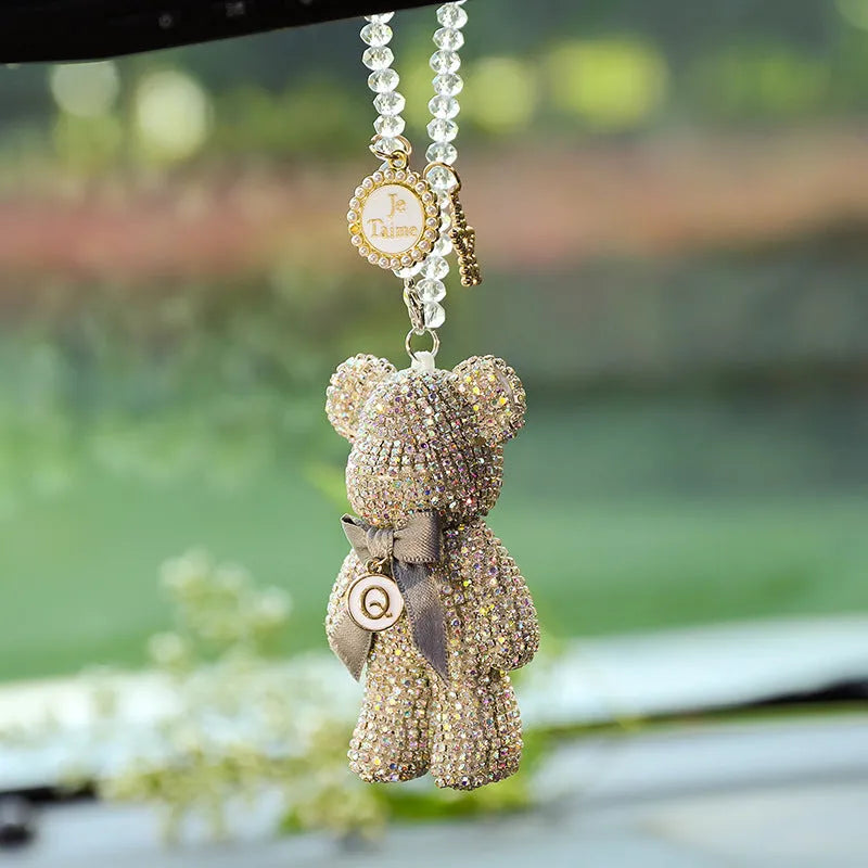 Violent bear-shaped car mirror pendant with embedded rhinestones in three colour options
