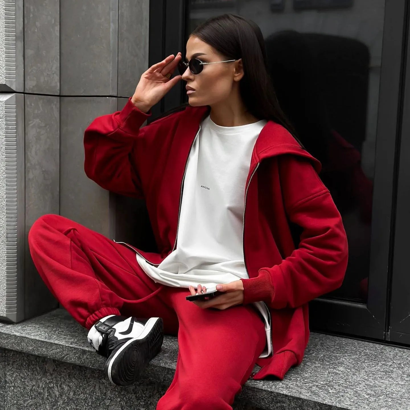 Street style long-sleeved coat and trousers two-piece set in solid colour
