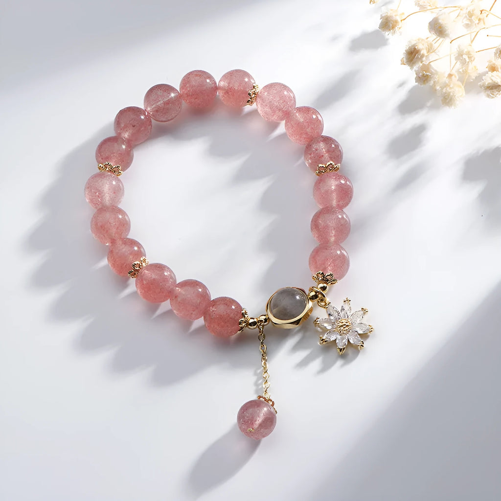 Strawberry quartz crystal bracelet with electroplated flower pendant in Mori style design