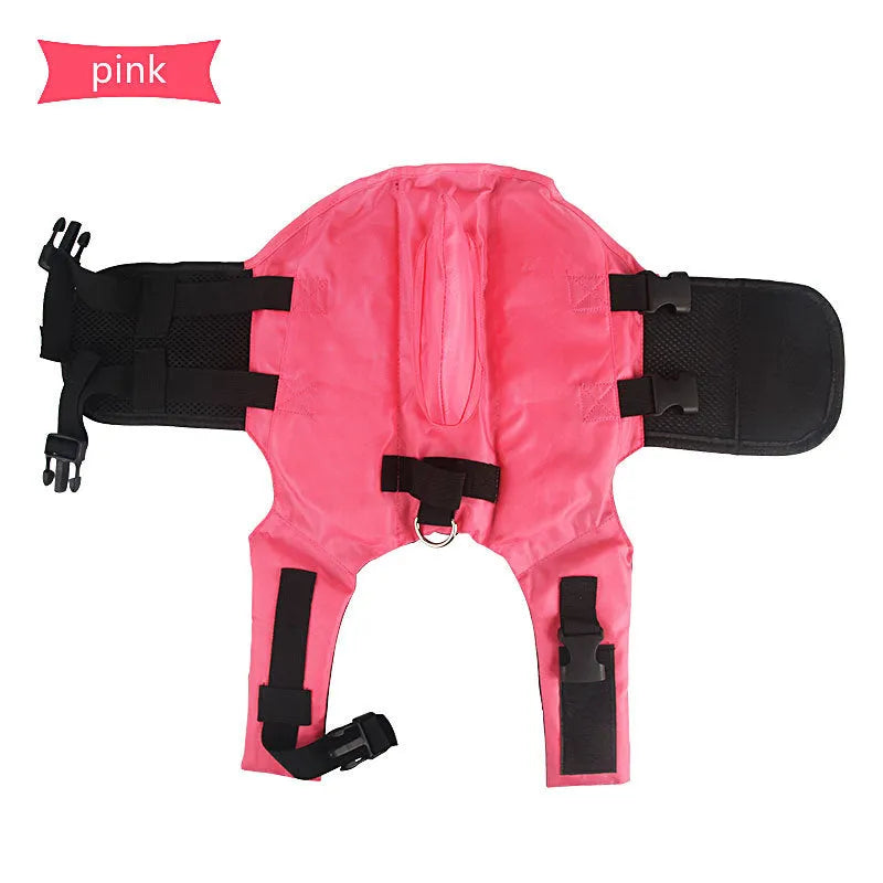 Shark-shaped dog life vest in blue or orange, cloth pet life jacket with buckle, sizes XS to XXL.