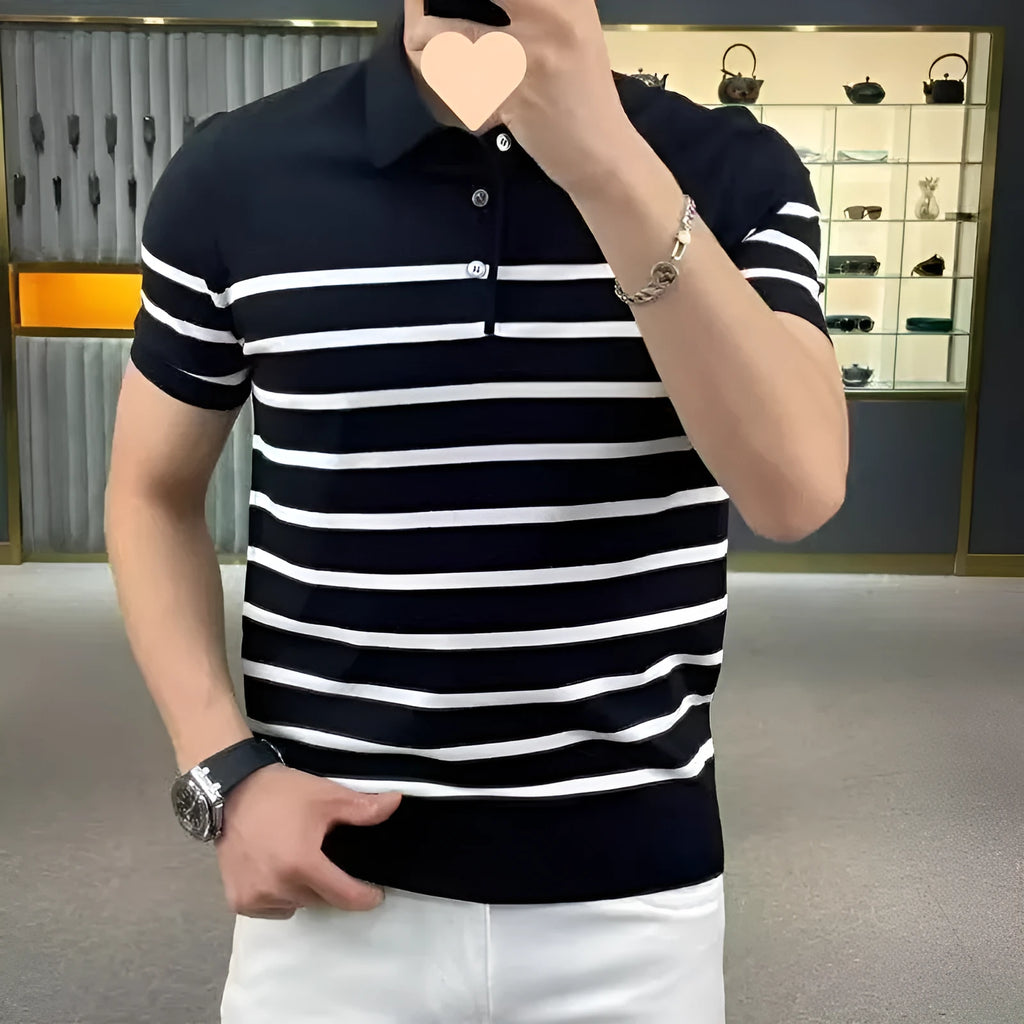 Striped lapel neckline knitted t-shirt in black and white colours showing pullover style and striped pattern
