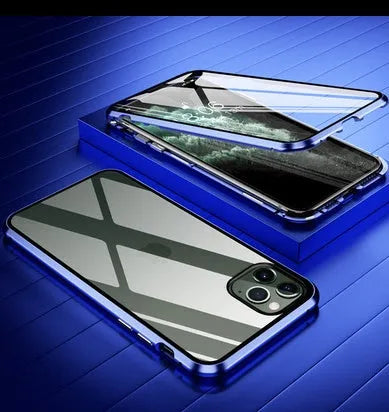 Glass anti-spy clamshell phone case for iPhone in black, blue, gold, green, red, or silver.