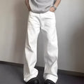 Men's white straight-leg denim jeans with a wide leg opening and a zip fly.
