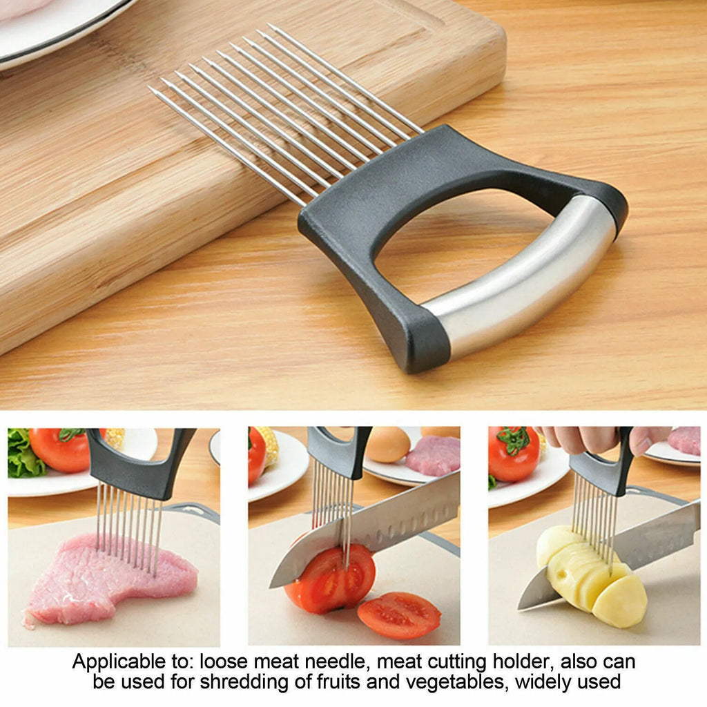 Stainless steel onion and tomato slicer holder with ABS handle on a kitchen worktop