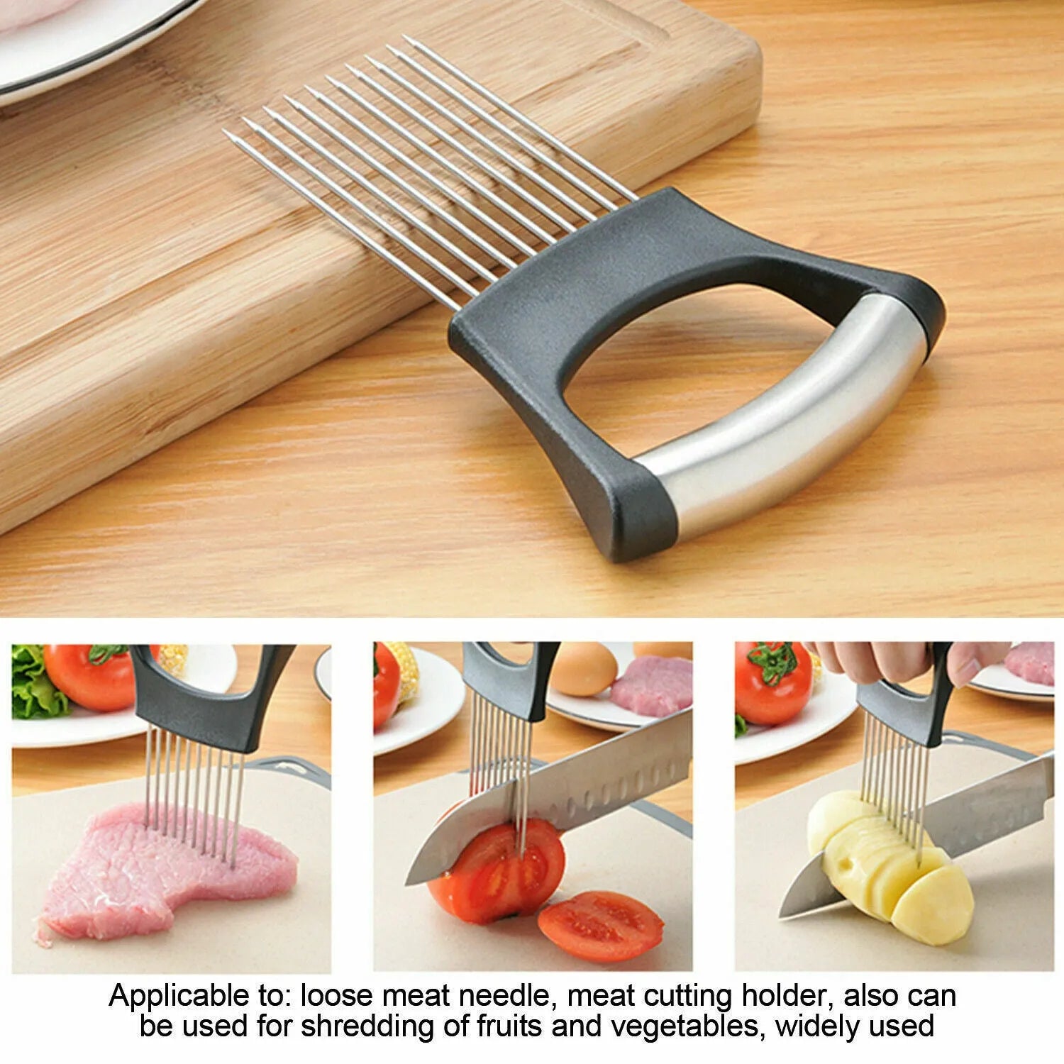 Stainless steel onion and tomato slicer holder with ABS handle on a kitchen worktop