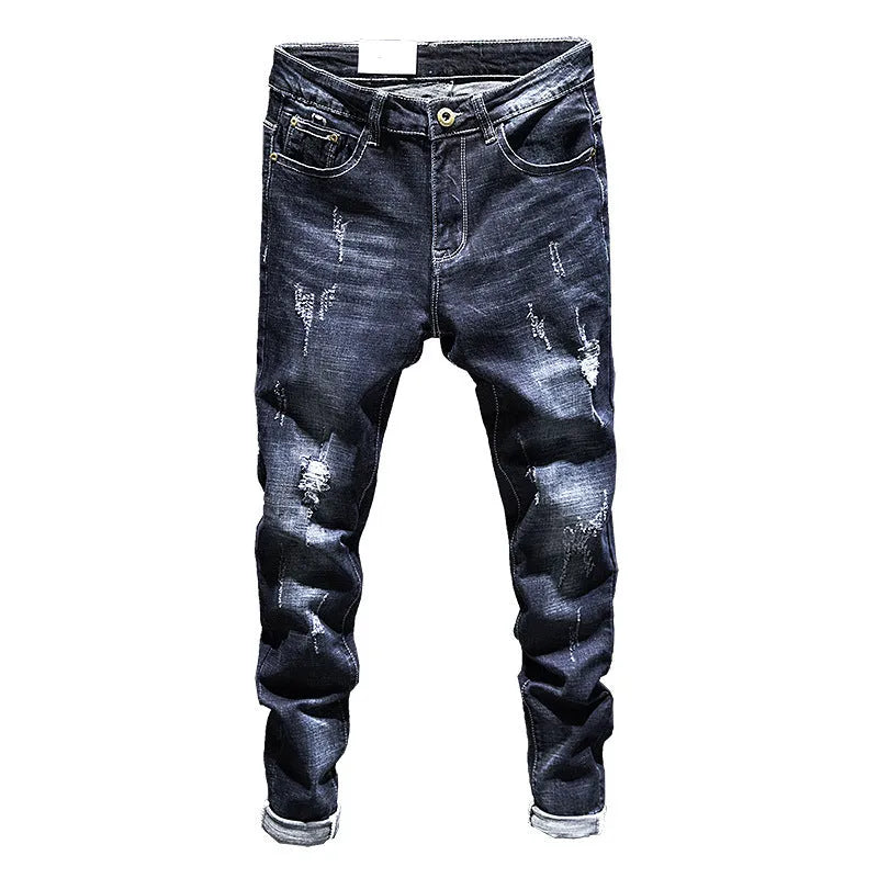 Men's slim-fit skinny jeans in dark blue denim with micro-elastic fabric