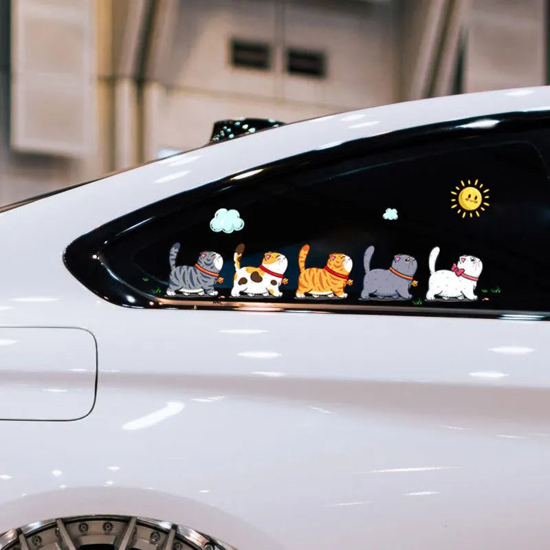 Waterproof PVC vinyl car sticker showing a design of five cats climbing, available in sizes S, M, and L.