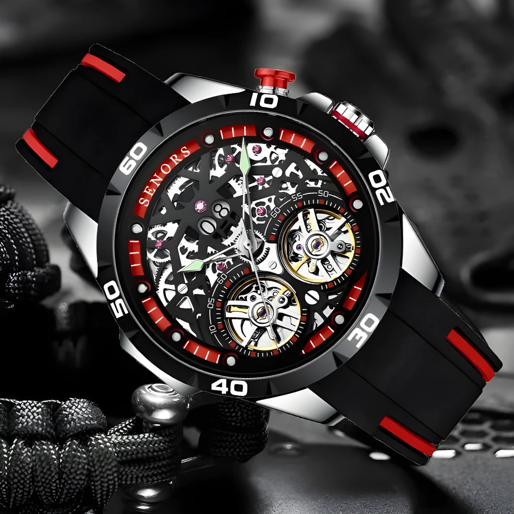 Blue or red automatic mechanical men's watch with luminous skeleton dial on wrist.