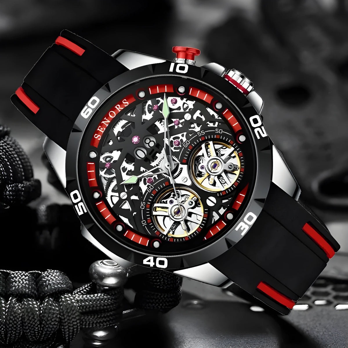 Blue or red automatic mechanical men's watch with luminous skeleton dial on wrist.
