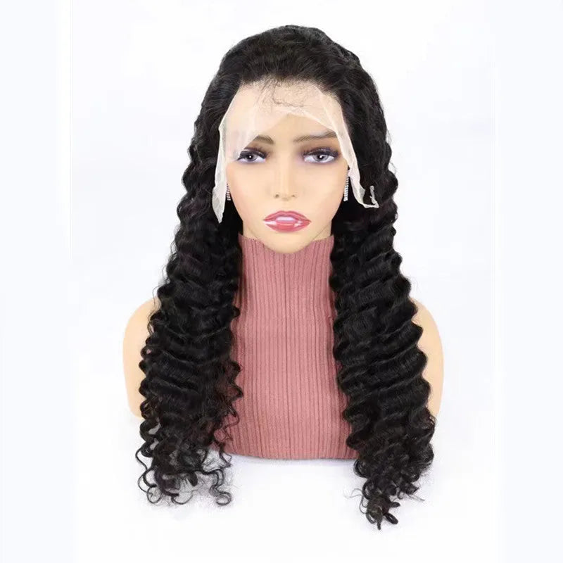 Solid colour human hair wig with half lace front, shown in a long length.