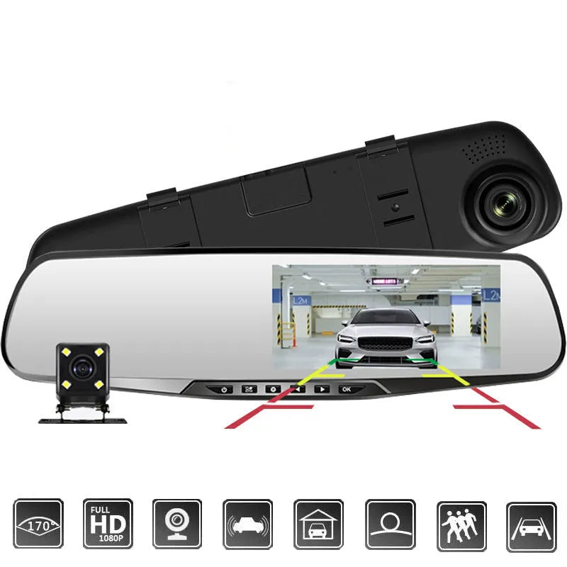 Black car driving recorder mounted on rearview mirror with 4.3-inch display and 170° wide angle lens.