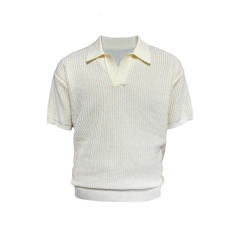Creamy-white loose-fit polo shirt with striped collar and short sleeves, made from thin ice silk fabric.
