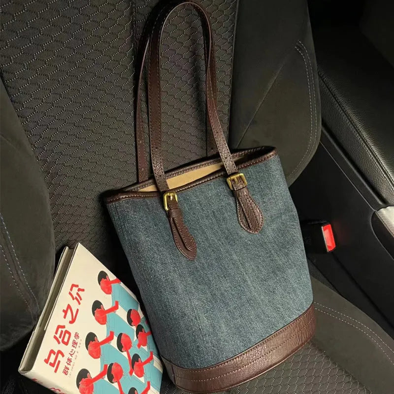 Denim patchwork pattern polyester bucket handbag with one shoulder strap