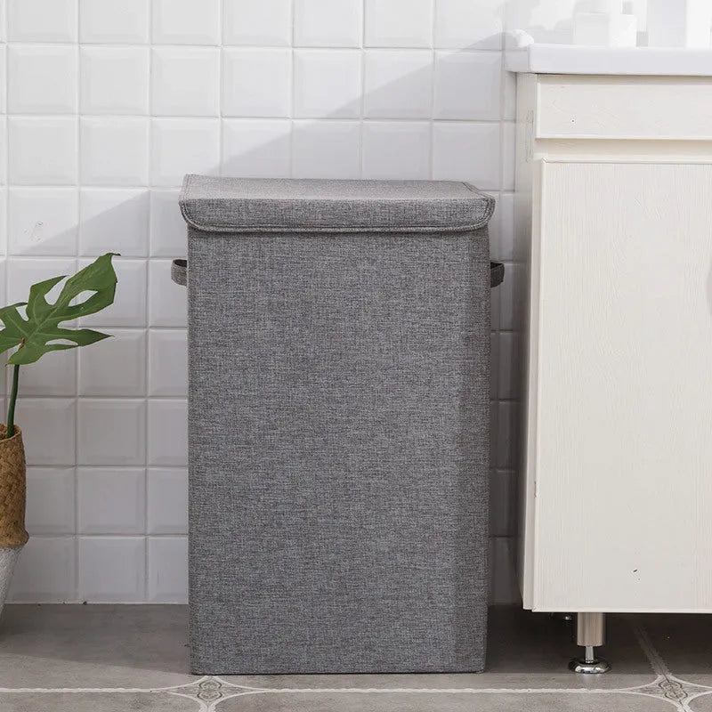 Foldable cotton linen storage basket in modern simplicity style showing collapsible design