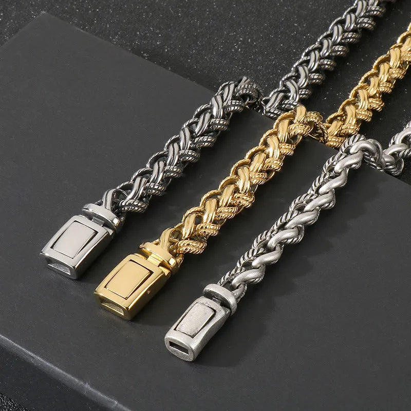 Men's titanium steel hemp flower chain necklace in antique silver finish with geometric twist design