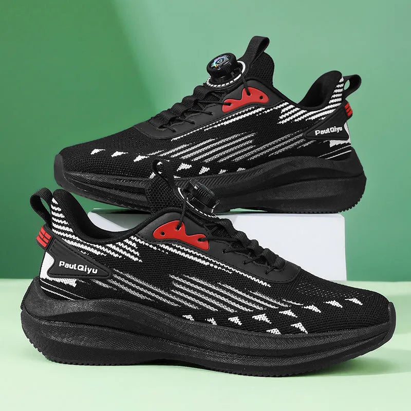 Men's white green Fly-kit mesh running shoes with rotating buckle and lace-up closure on TPU sole