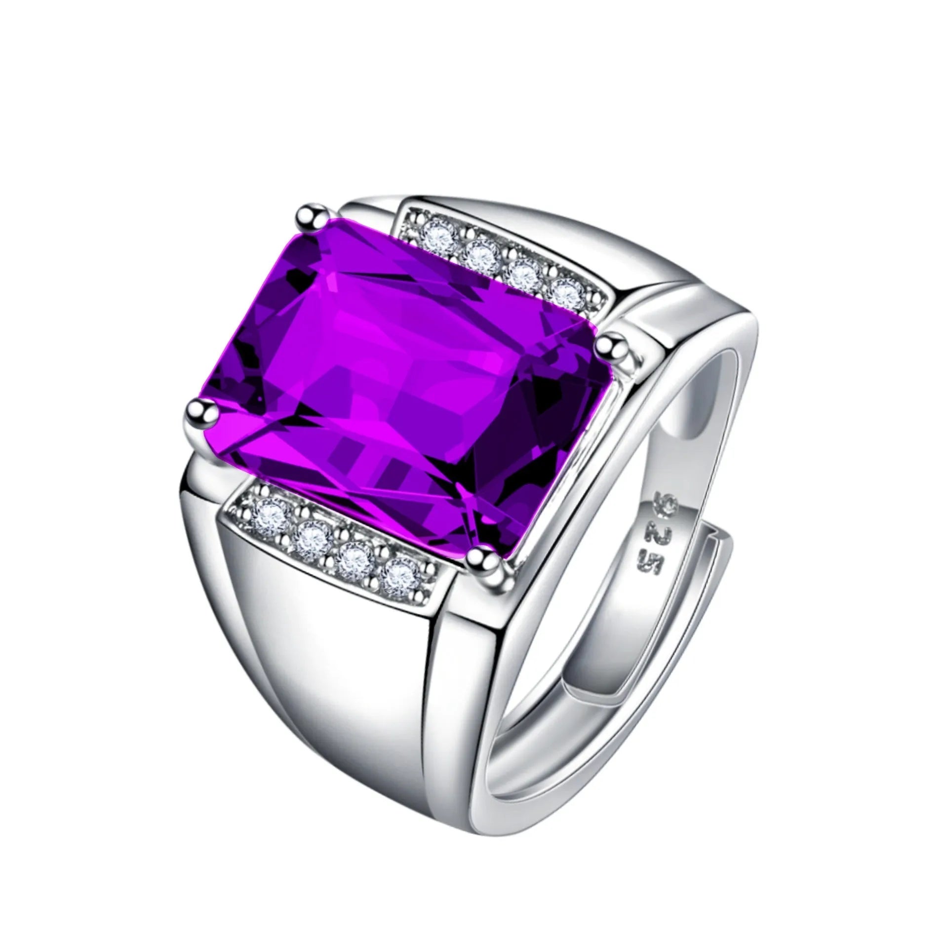 Adjustable opening copper ring with a geometric band and a large dark blue rhinestone in a white gold colour setting.
