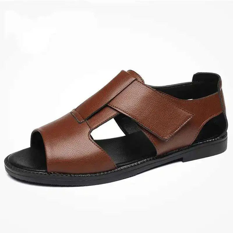 Men's black and brown leather casual sandals with open toe design and rubber soles