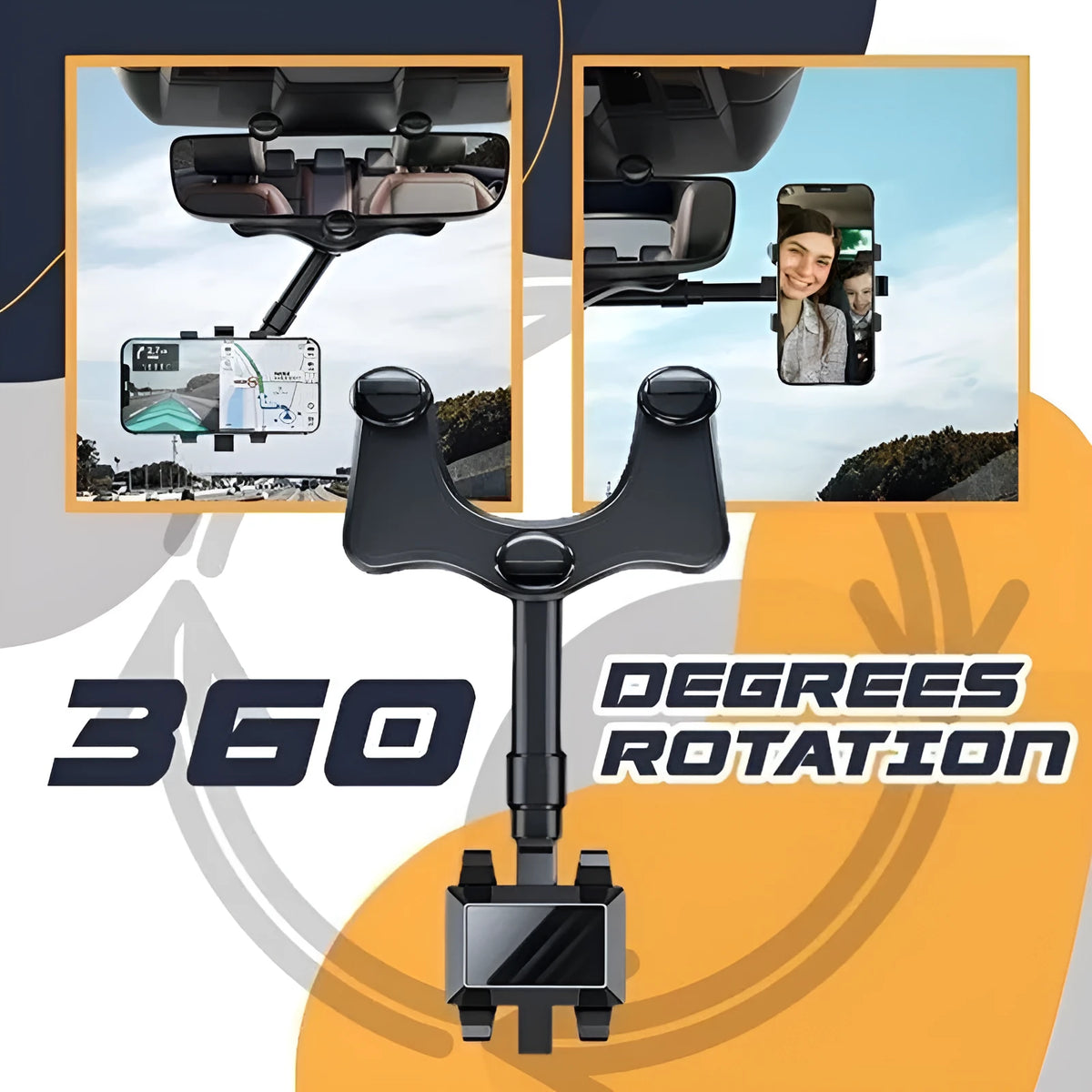 Black rearview mirror car phone holder showing 360 rotation and extended telescopic arm