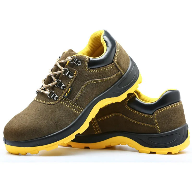 Bronze cow suede leather men's safety boots with a steel toe cap and patterned non-slip sole.