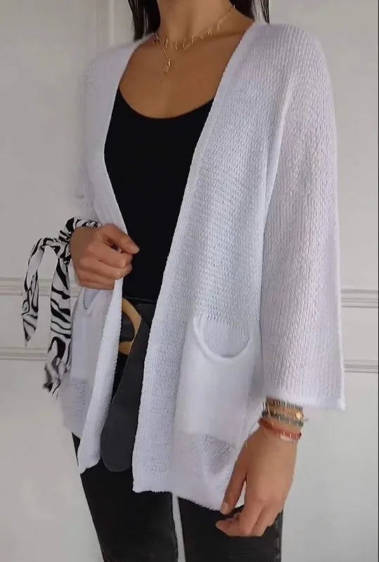 Women's waffle knit cardigan coat with nine-quarter sleeves in multiple colour options