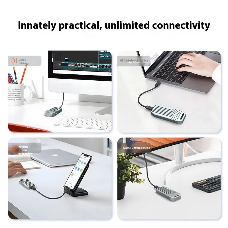 Silver aluminium Thunderbolt 4 external SSD enclosure for M.2 drives with a cooling fan on a desk