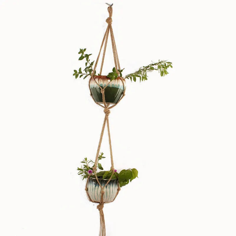 Woven wire plant basket with cotton rope construction in multiple hanging styles
