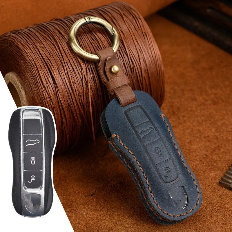 Authentic brown cowhide leather retro key case for Porsche car keys