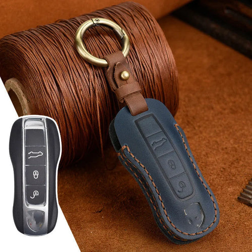 Authentic brown cowhide leather retro key case for Porsche car keys