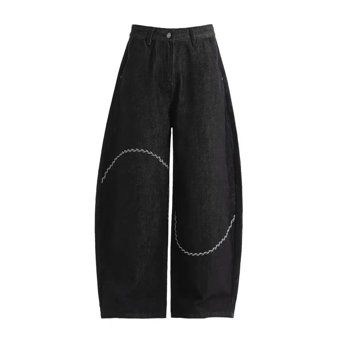 Black straight-leg denim trousers with mid waist and zip fly on mannequin