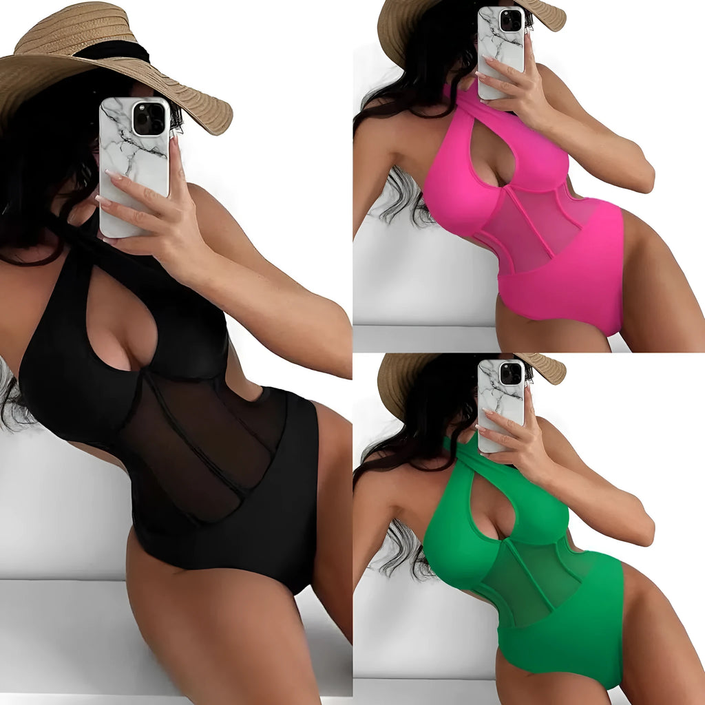 Ladies one-piece swimsuit bikini in nylon spandex blend showing black, rose red, and green colour options