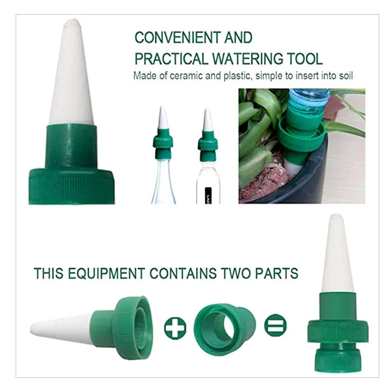 Green ceramic automatic plant watering dripper designed for use with a cola bottle.