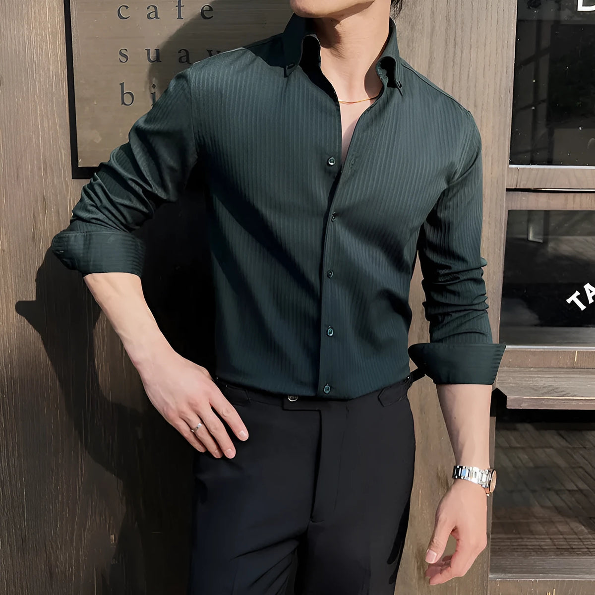 Men's dark striped V-neck long sleeve cardigan shirt in chemical fibre blend fabric