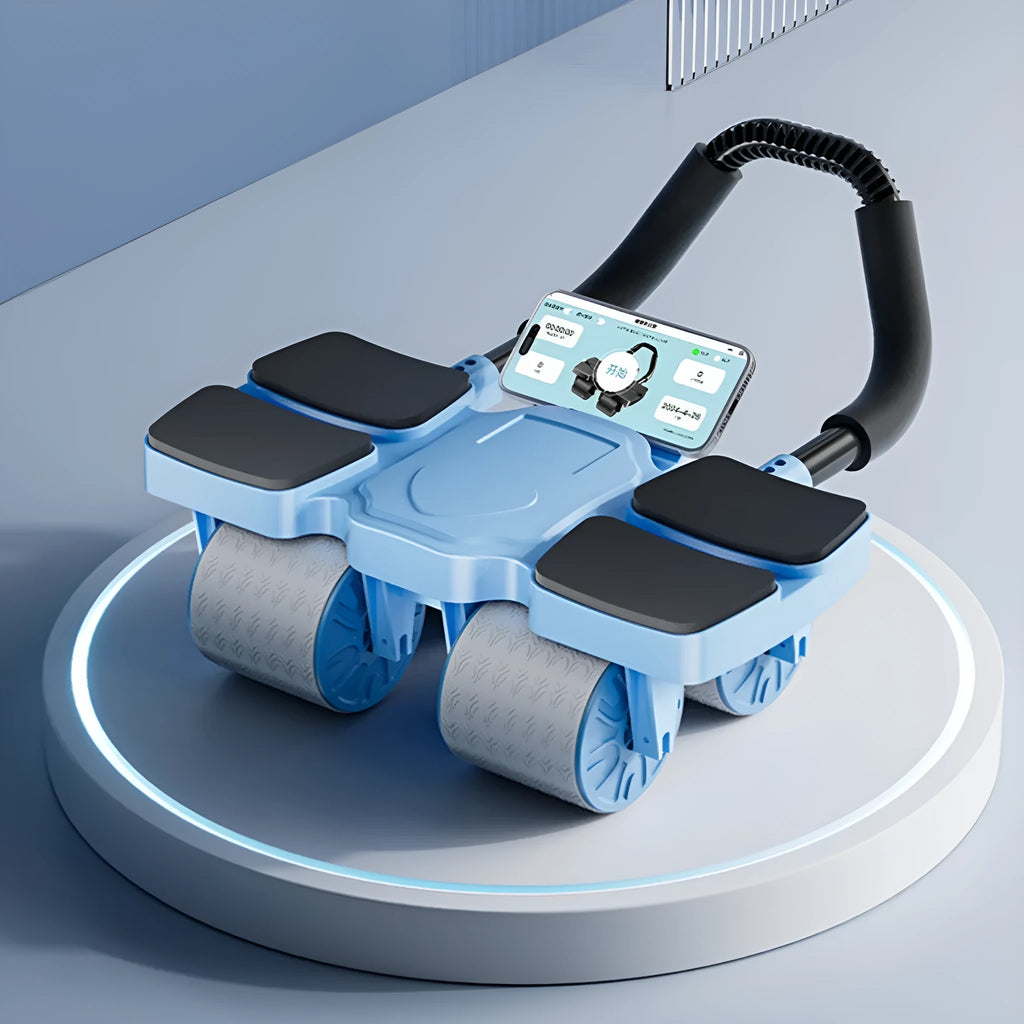 Black and blue automatic rebound abdominal wheel on a floor, showing four wheels and smartphone with fitness app.