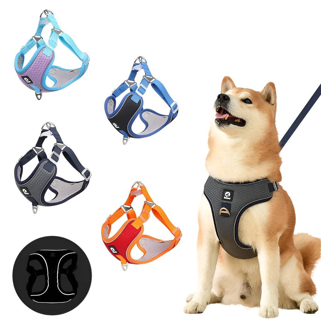 Adjustable mesh dog harness with reflective strips in black, red, grey, or light purple