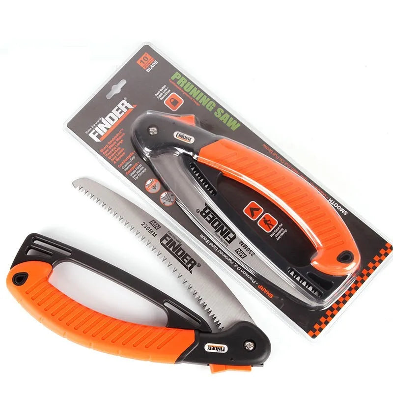 Garden folding hand saw with 9 inch blade, TPR handle, shown in open cutting position