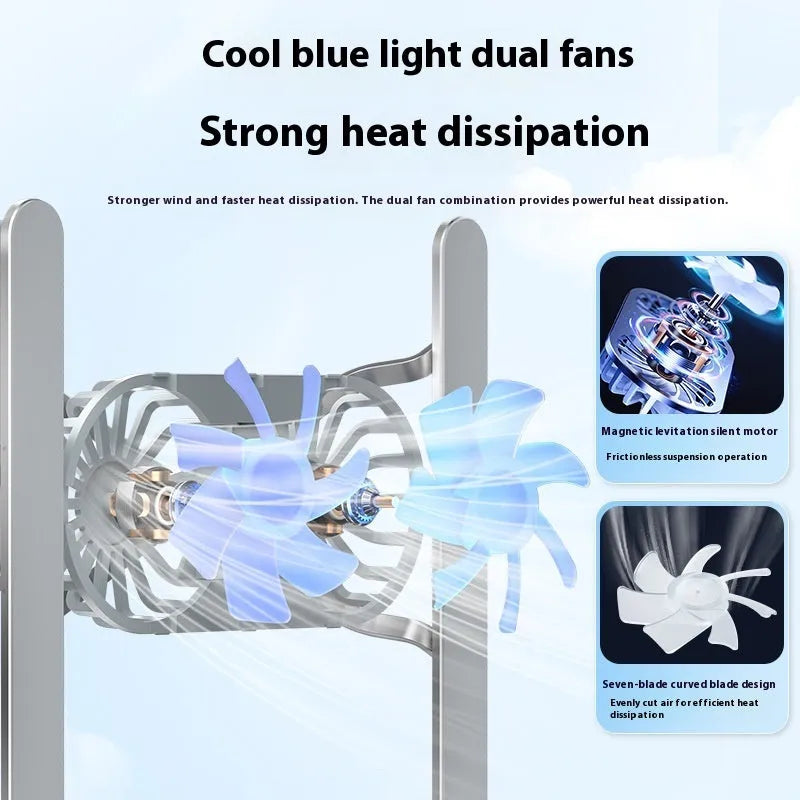 Silver aluminium alloy portable laptop cooling stand with twin fans and adjustable height in folded position