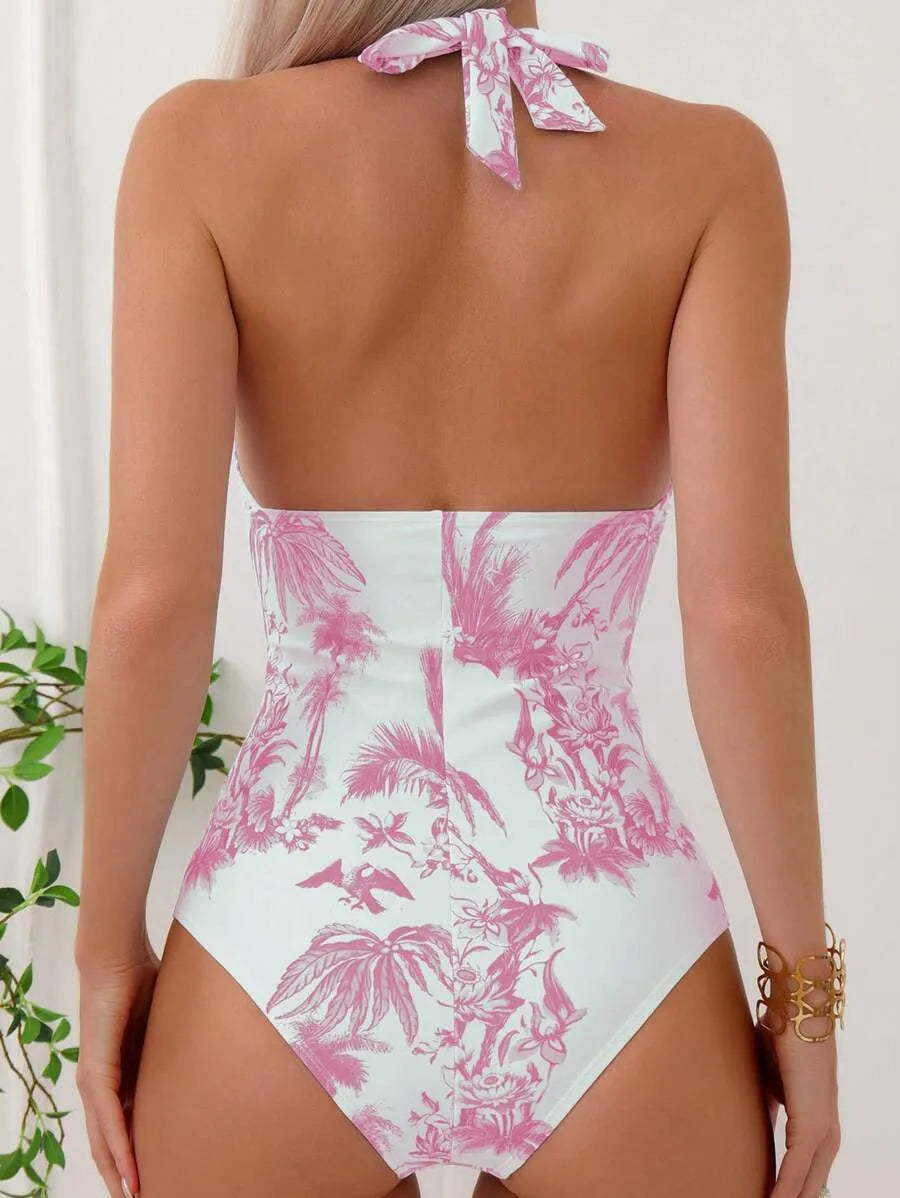 Women's printed V-neck one-piece swimsuit in polyester available in multiple colours