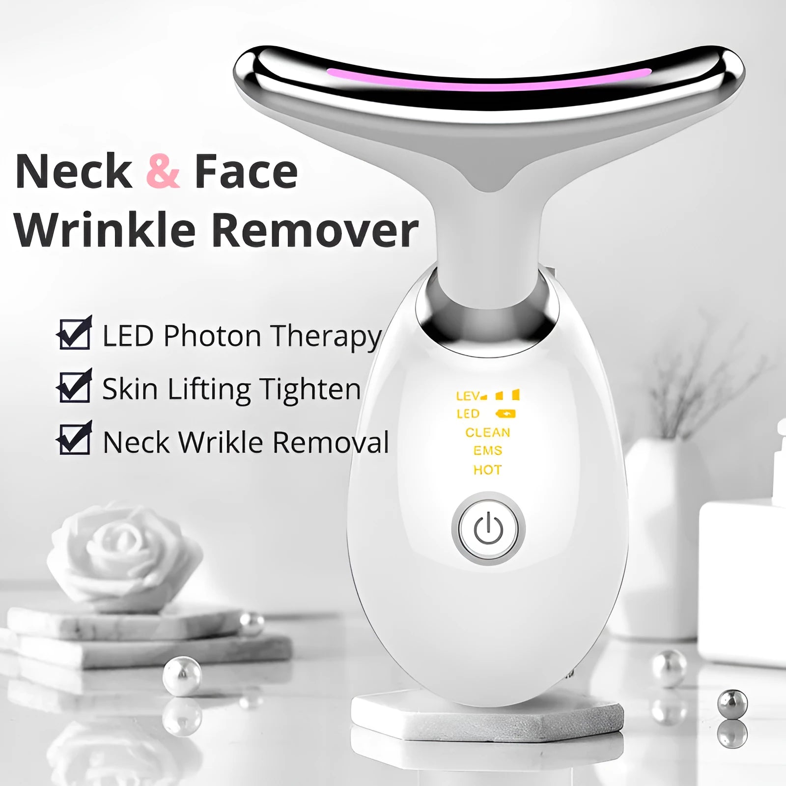 EMS thermal neck massager device with LED lights for skin tightening and wrinkle reduction