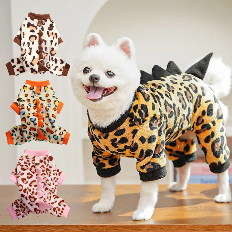 Four-legged leopard print dinosaur dog jumper in pink, polyester, sizes XS to 2XL for French Bulldogs
