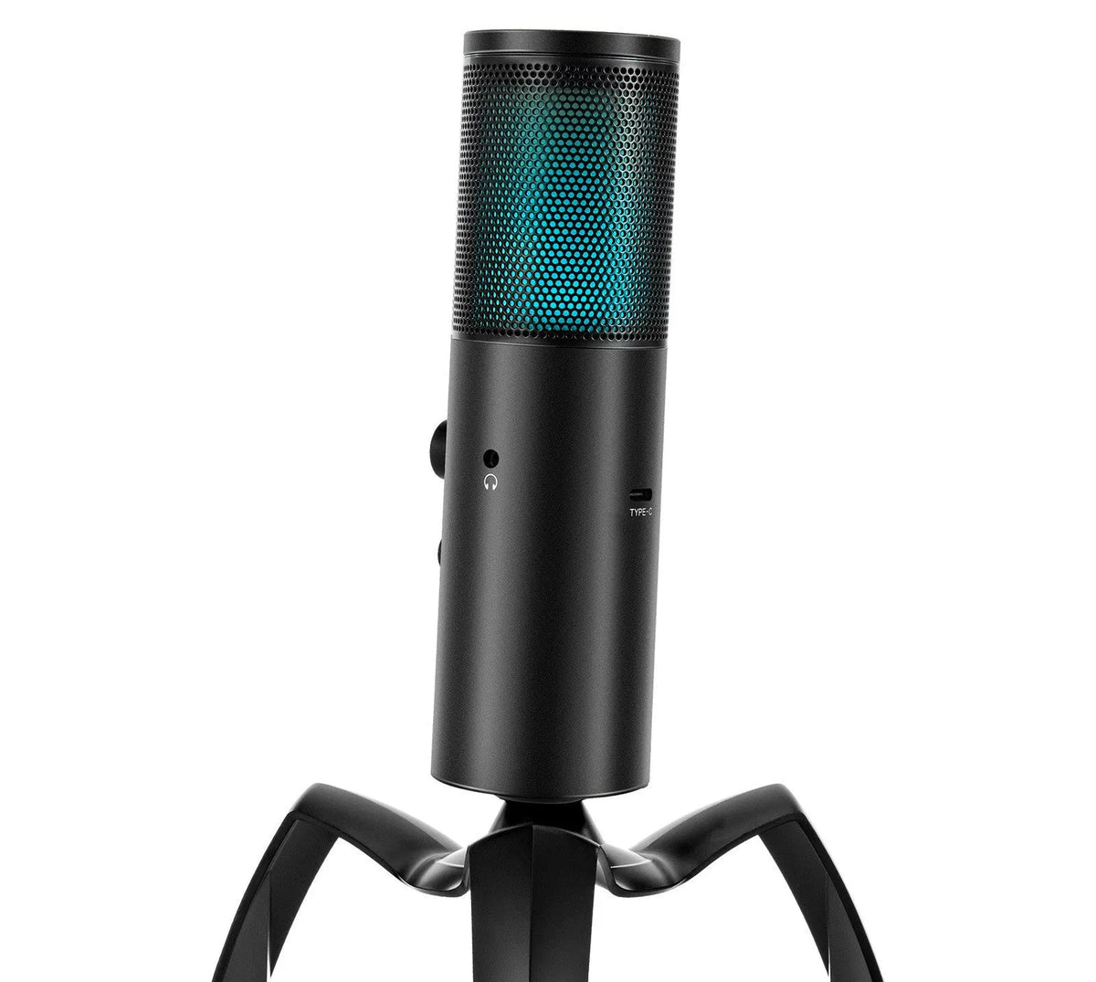Black metal USB condenser microphone with RGB lighting on adjustable tripod stand