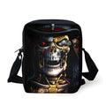 Medium-sized children's messenger backpack with skull design, showing double straps and a zipper opening.
