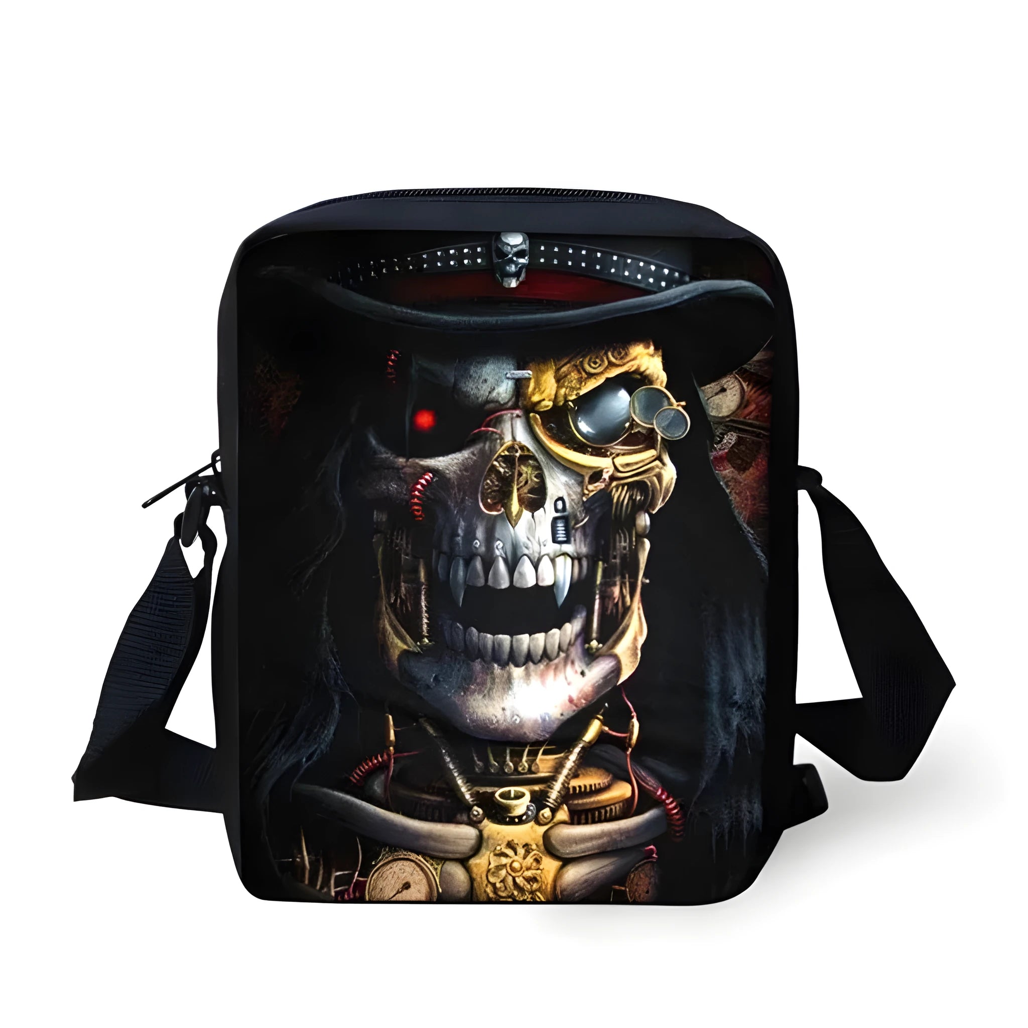Medium-sized children's messenger backpack with skull design, showing double straps and a zipper opening.