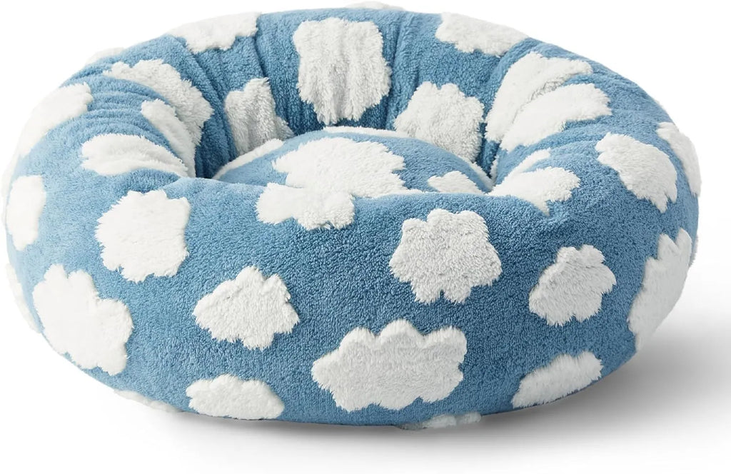 Round plastic dog bed with plaid cushion available in multiple colours and four size options